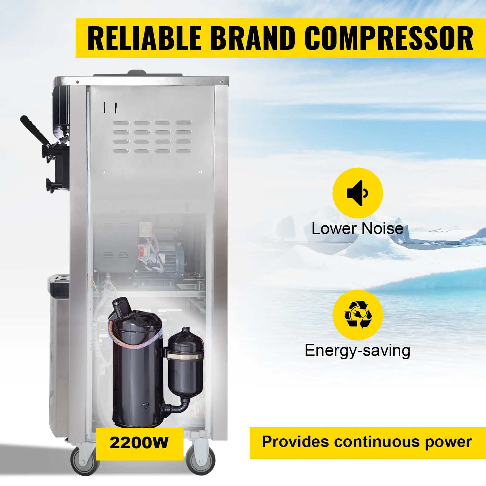 Máquina de helados VEVOR con compresor de marca confiable, potencia de 2200w, menor ruido.