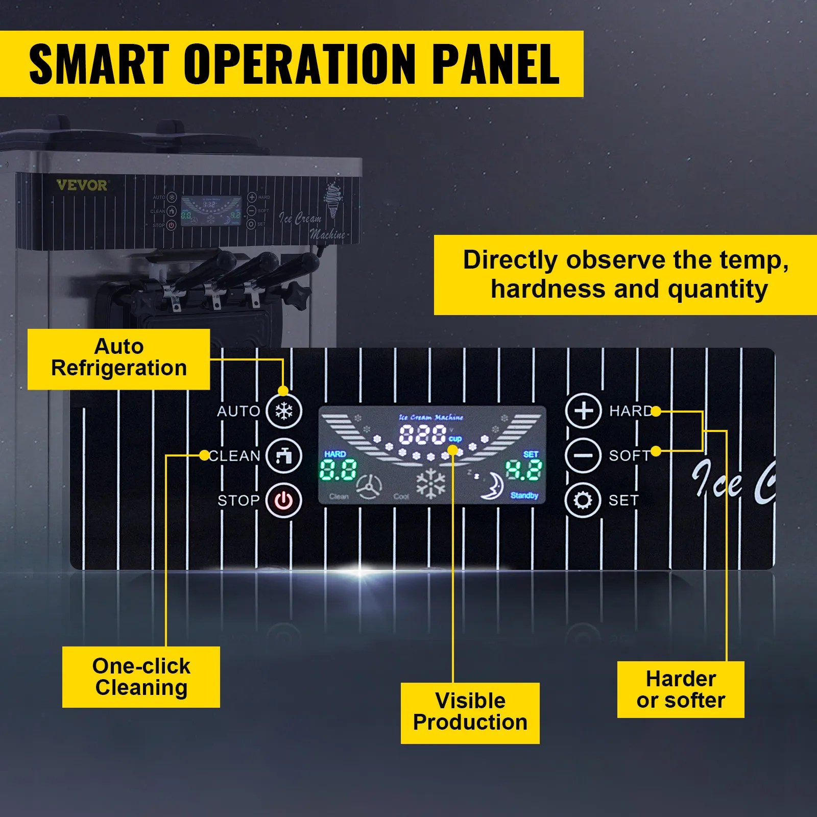 Panel de operación inteligente de máquina de helado VEVOR con refrigeración automática y limpieza con un solo clic.