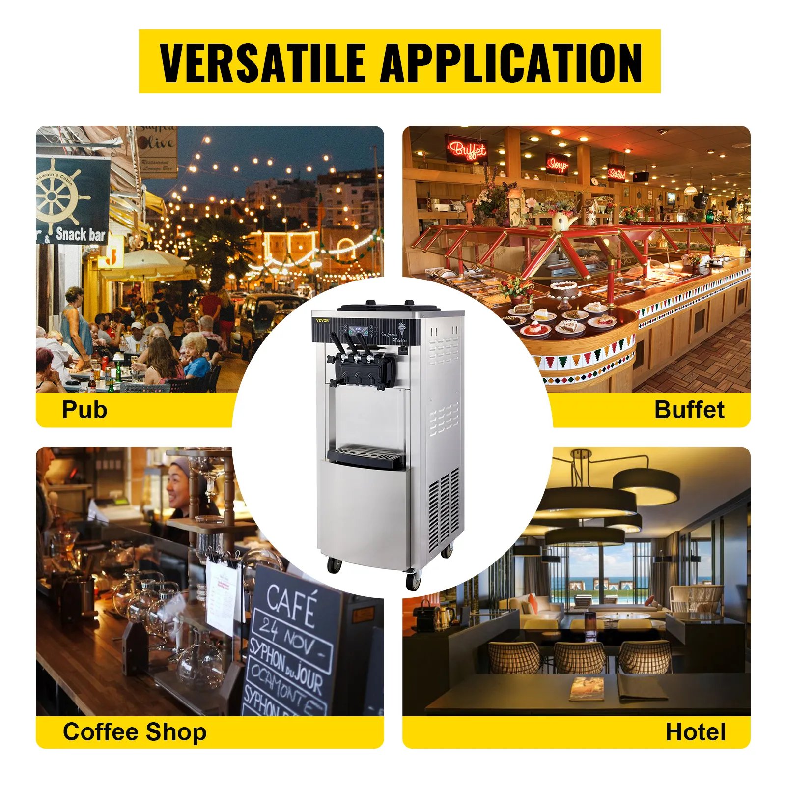 Máquina de helados VEVOR para aplicaciones en pubs, buffets, cafeterías y hoteles.