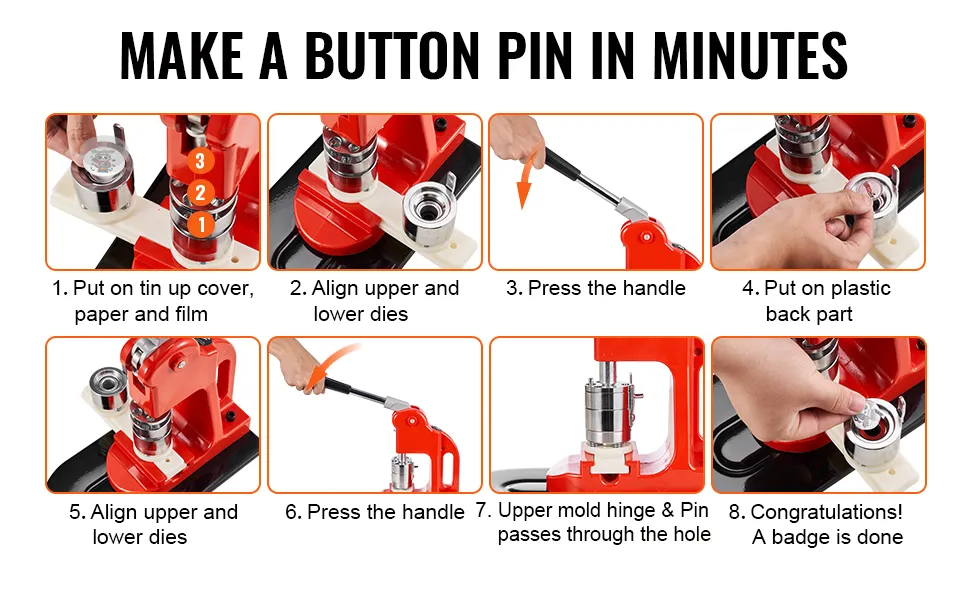 VEVOR button maker machine step-by-step guide to make a button pin in minutes.