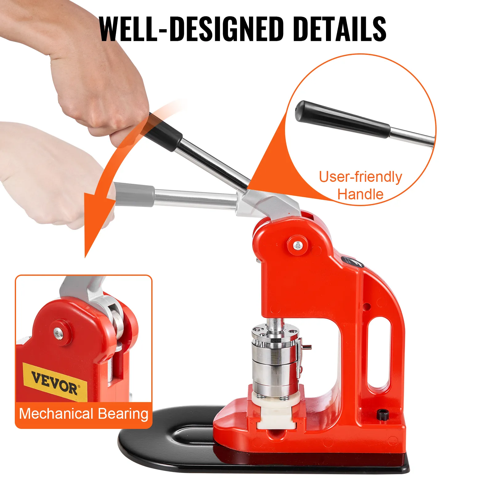 red VEVOR button maker machine with user-friendly handle and mechanical bearing.