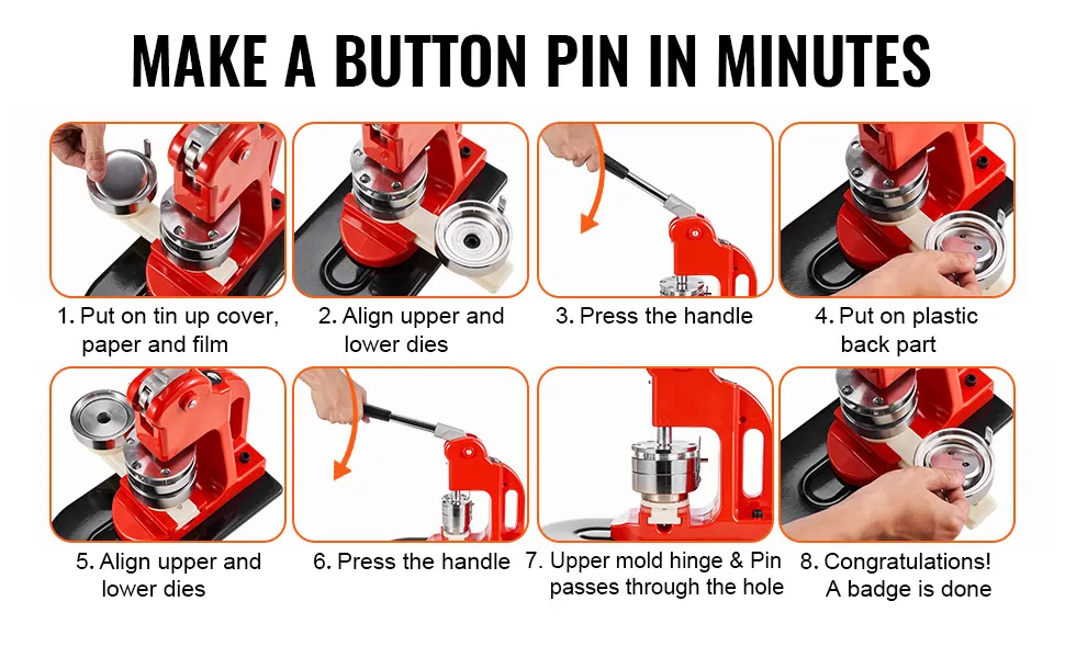 VEVOR button maker machine: step-by-step guide to easily make a custom button pin in minutes.