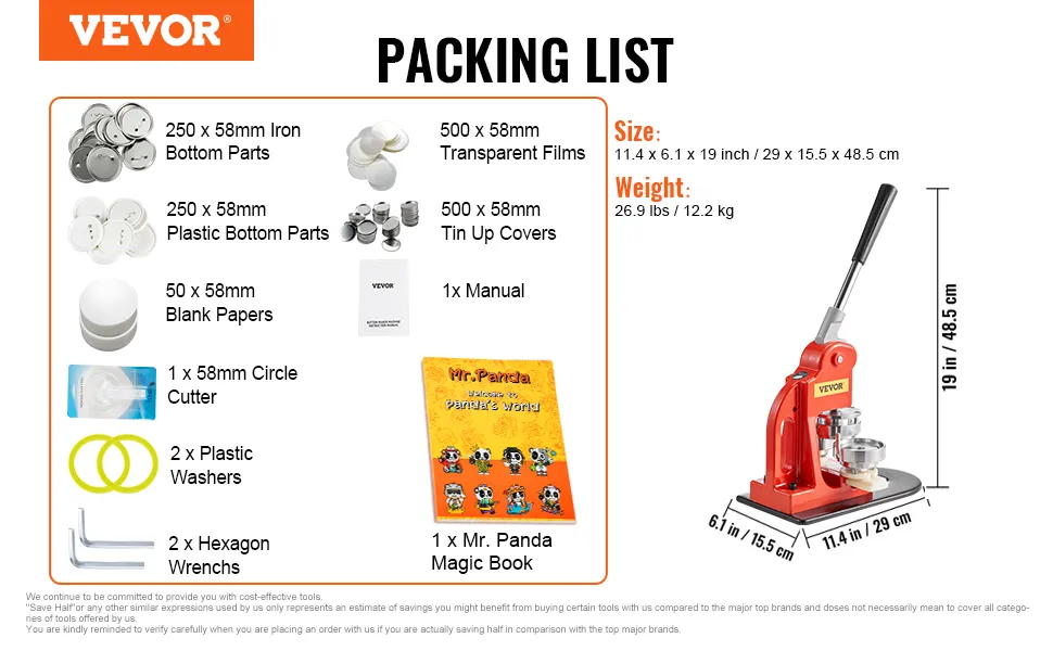 VEVOR button maker machine packing list with dimensions, weight, and included accessories.