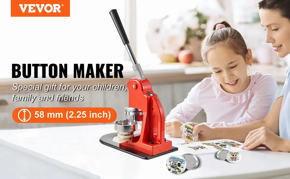 VEVOR button maker machine on a table with buttons, ideal for making gifts for children, family, friends.
