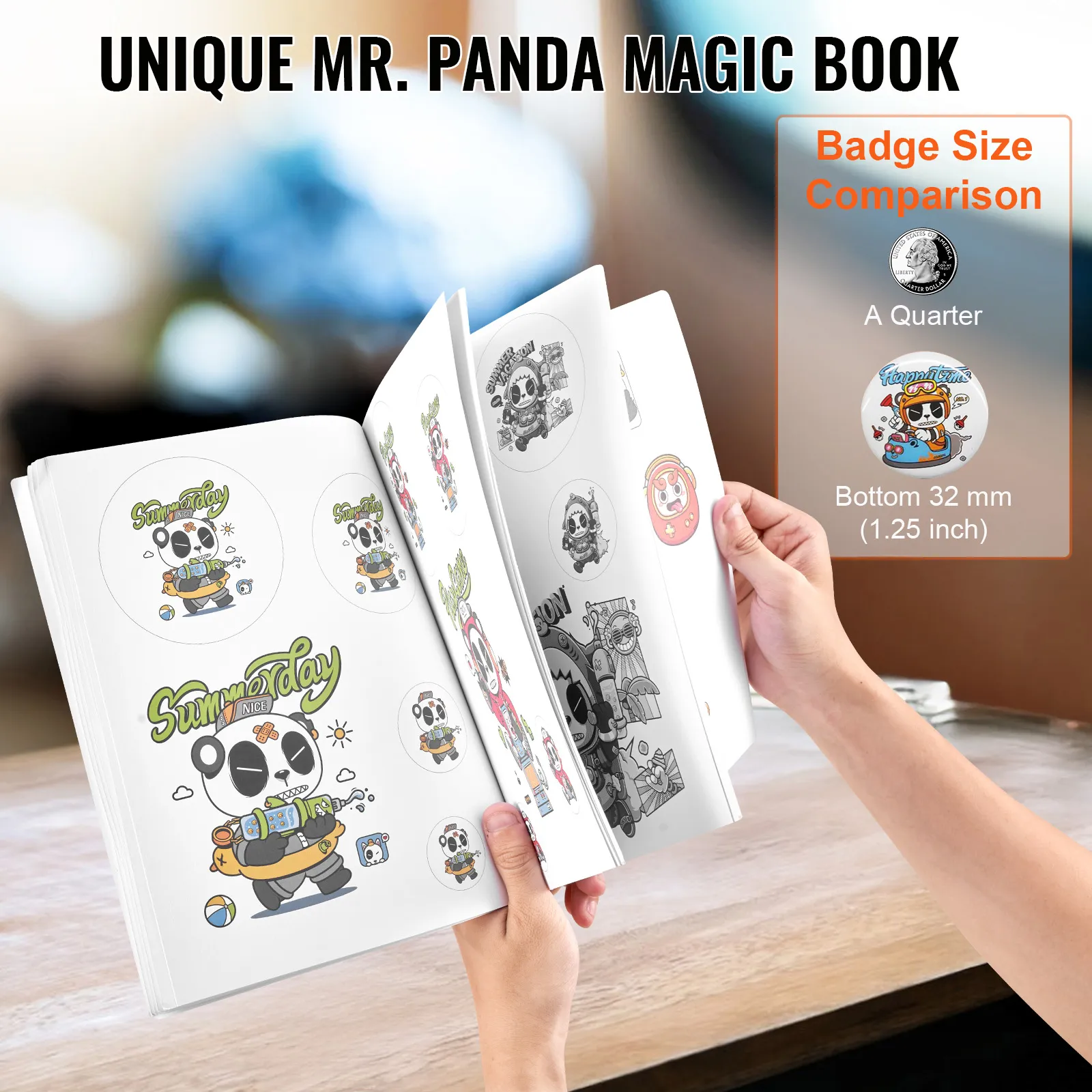 person flipping through unique mr. panda magic book with badge size comparison against a quarter.