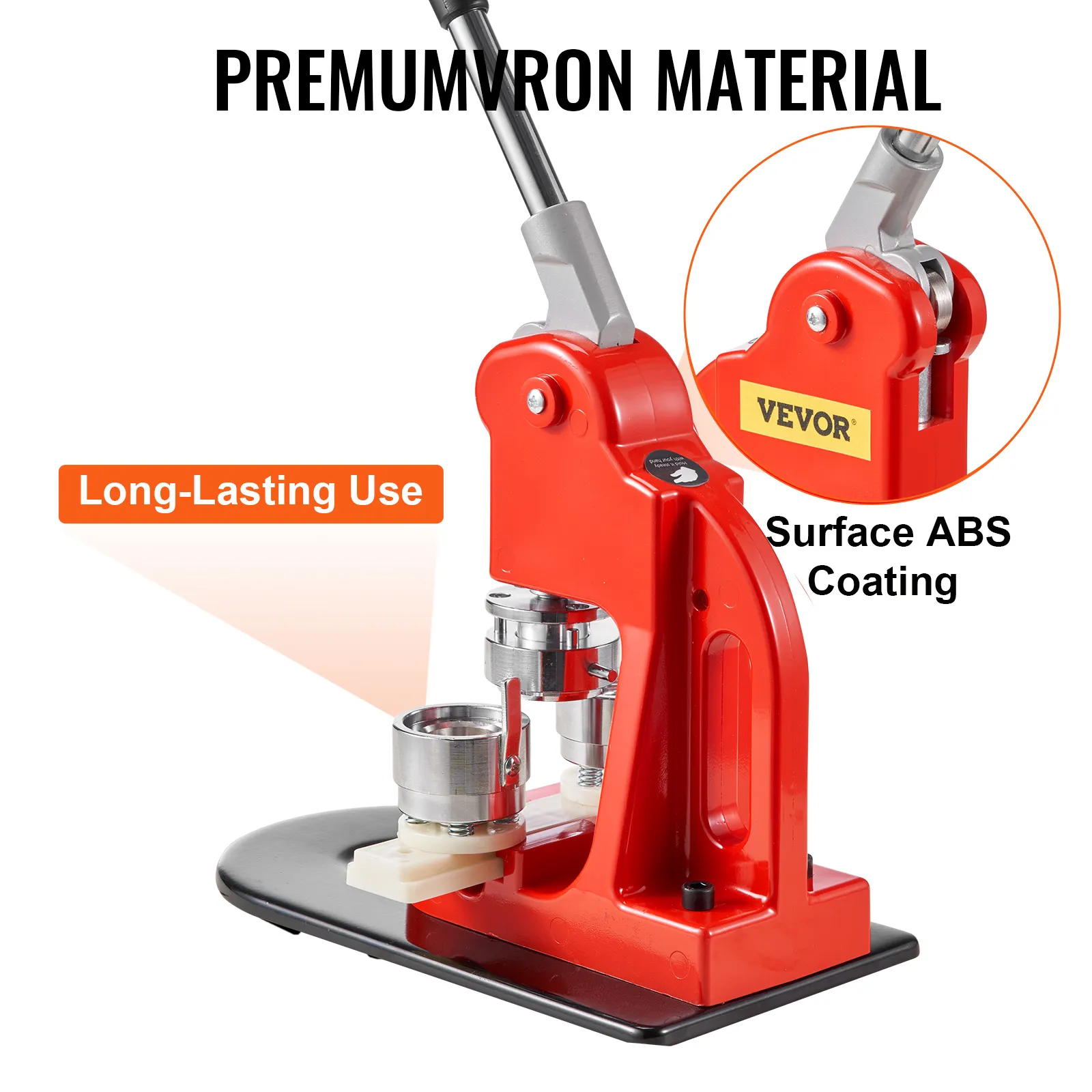 VEVOR button maker machine in red with premium iron material, surface abs coating, and long-lasting use.