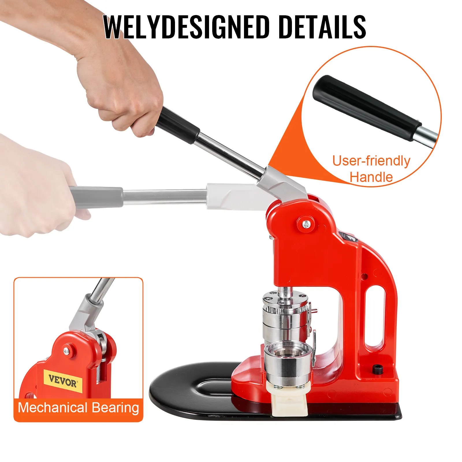 red VEVOR button maker machine with user-friendly handle and mechanical bearing for easy operation.