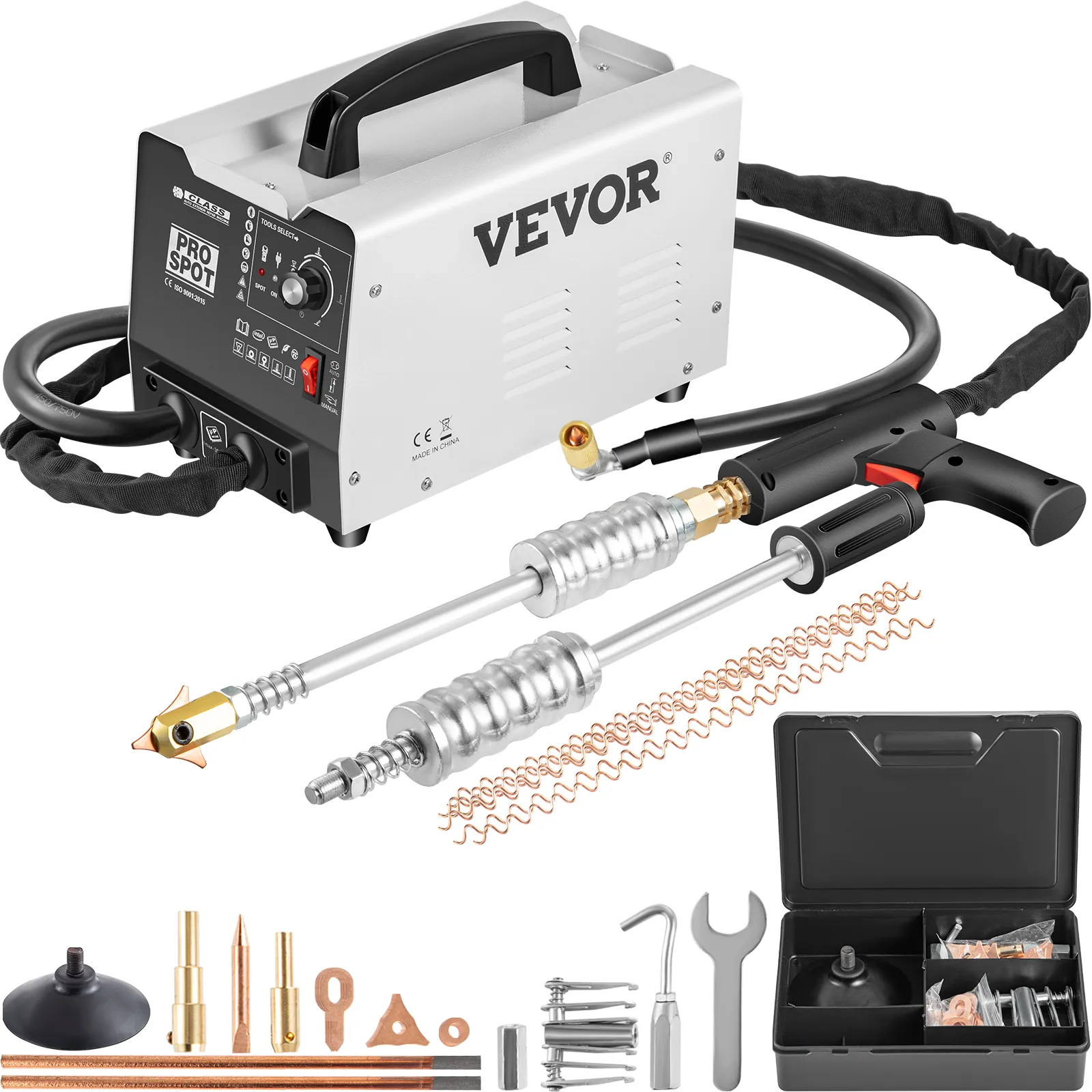 Kit extractor de abolladuras VEVOR con máquina de soldar, martillos deslizantes y accesorios.