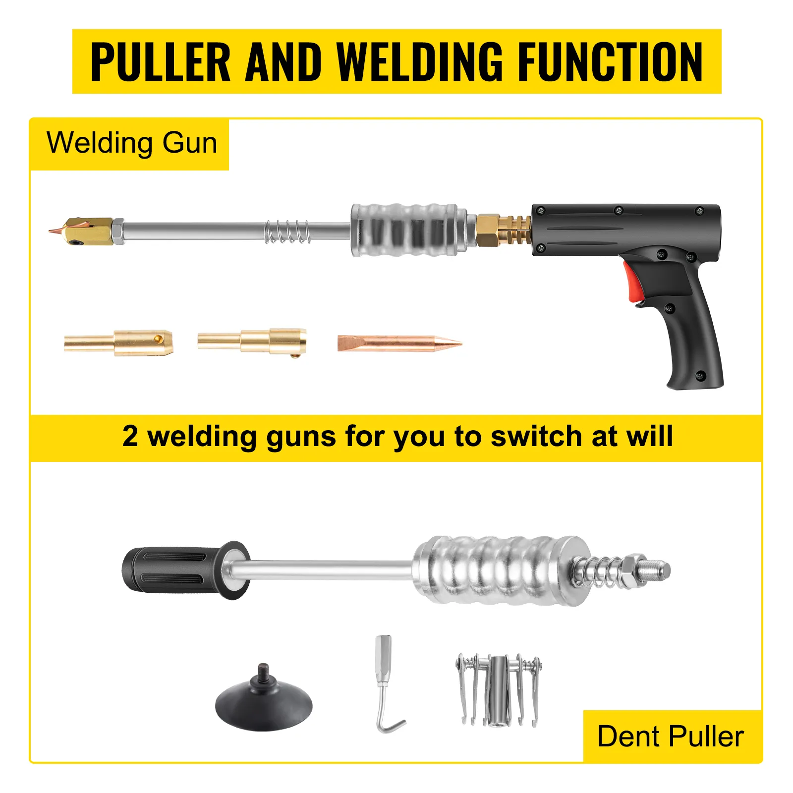 Juego de extractores de abolladuras VEVOR con pistolas de soldadura y accesorios para una fácil reparación de metales.