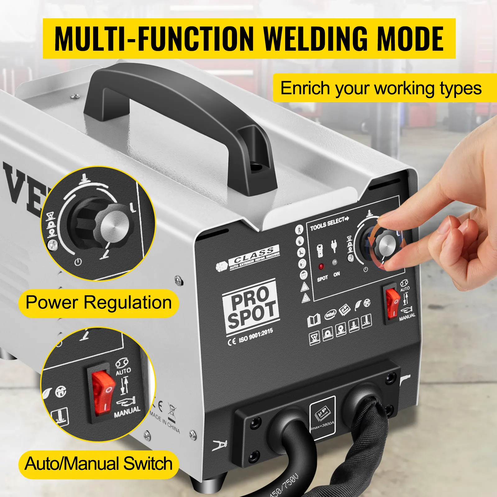 Extractor de abolladuras VEVOR con modo de soldadura multifunción, regulación de potencia e interruptor automático/manual.