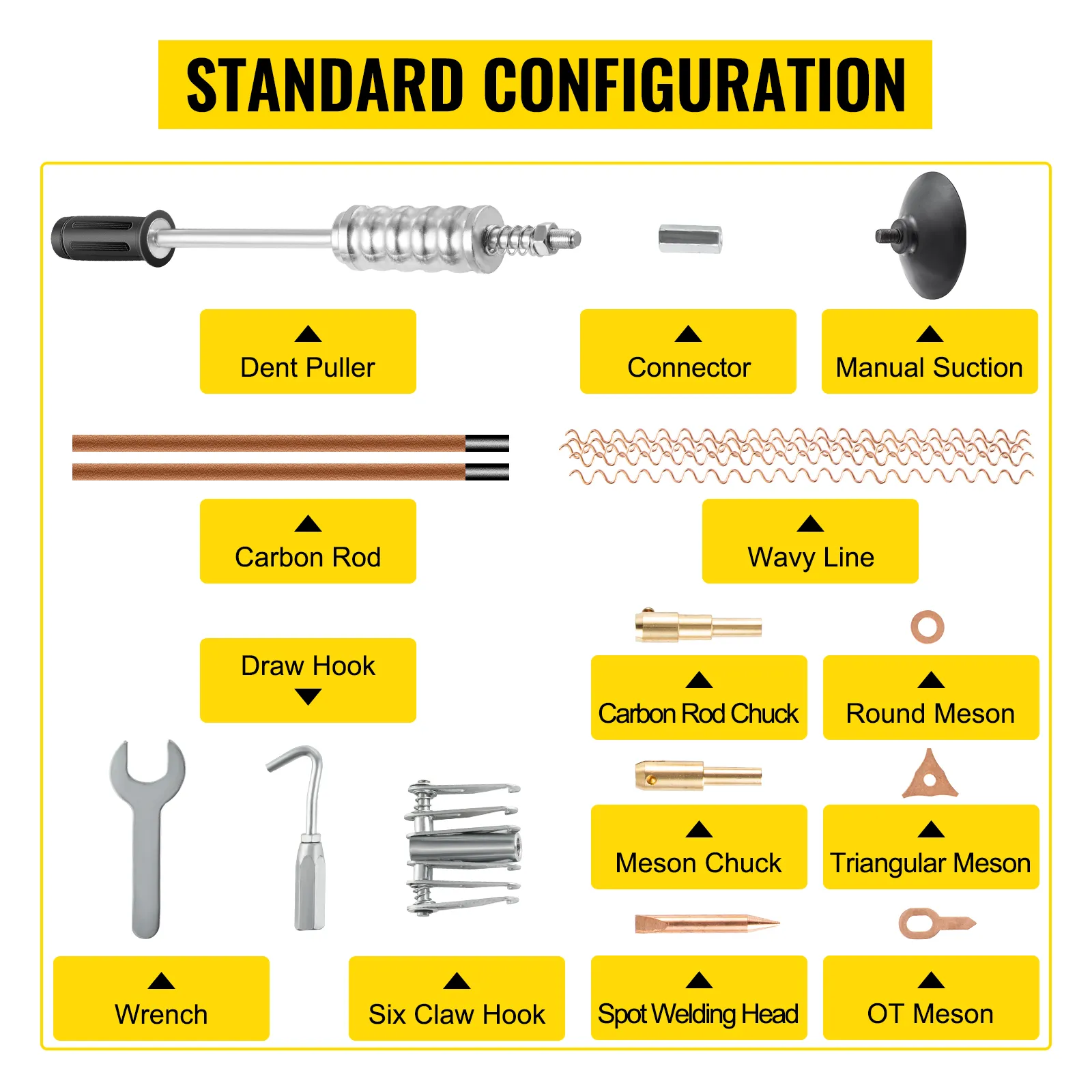 Configuración estándar del extractor de abolladuras VEVOR con varias herramientas y componentes mostrados.