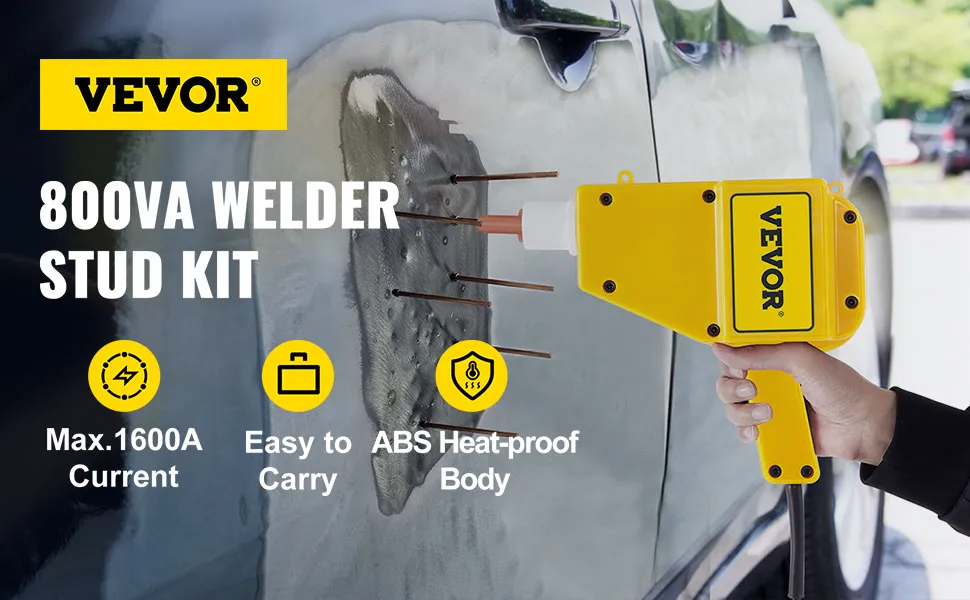 Kit de reparación de abolladuras VEVOR en uso en un automóvil, con kit de pernos de soldadura de 800 VA.