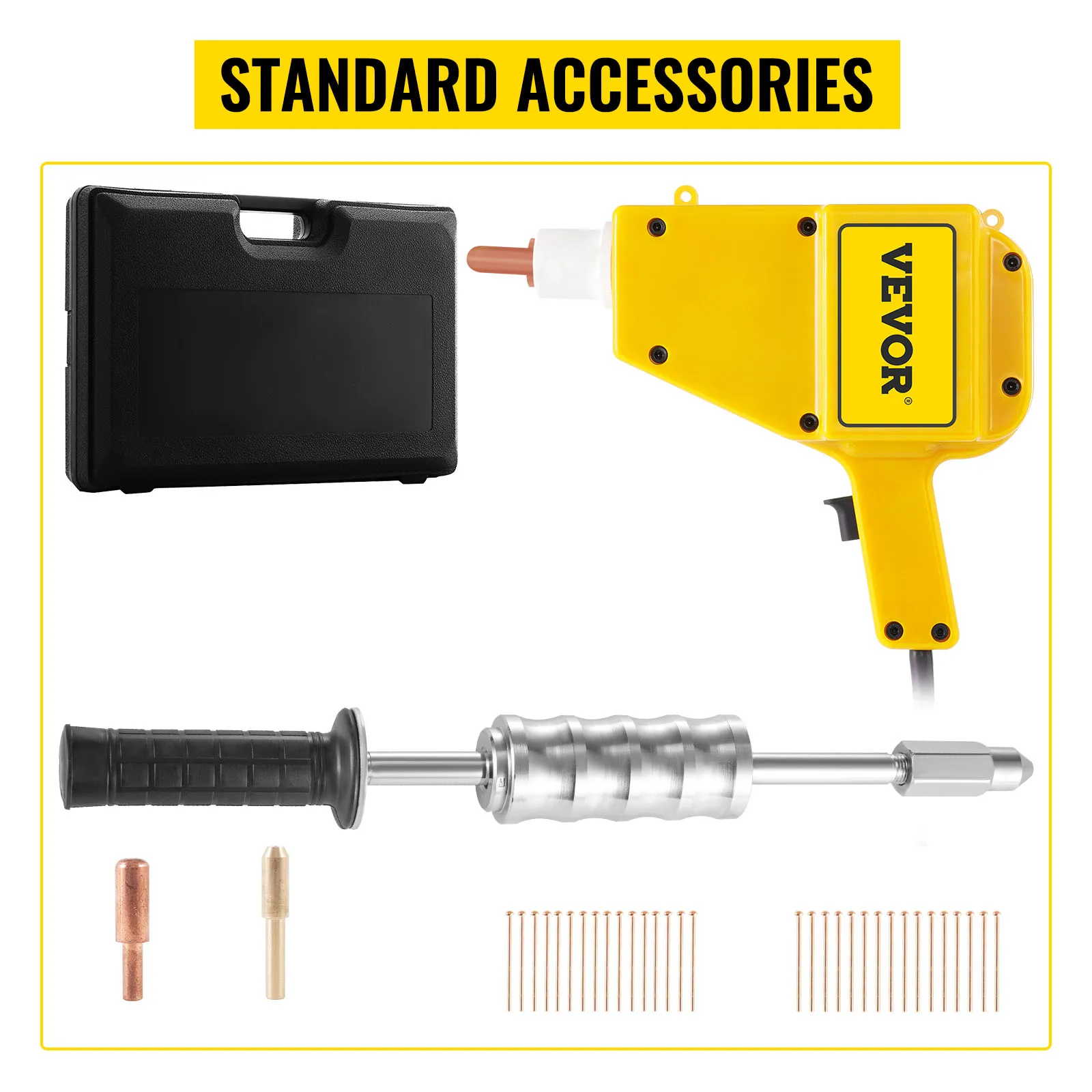 Kit de reparación de abolladuras VEVOR: herramienta amarilla, estuche negro, mango, accesorios.