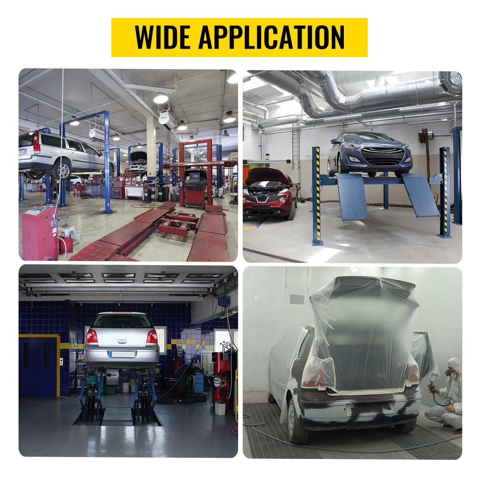 Taller de reparación de automóviles que utiliza el kit de reparación de abolladuras VEVOR para diversos servicios de vehículos.