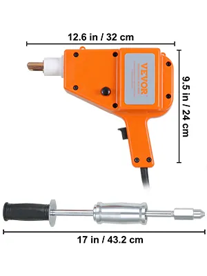 VEVOR dent repair kit - orange tool with dimensions, and a slide hammer attachment.