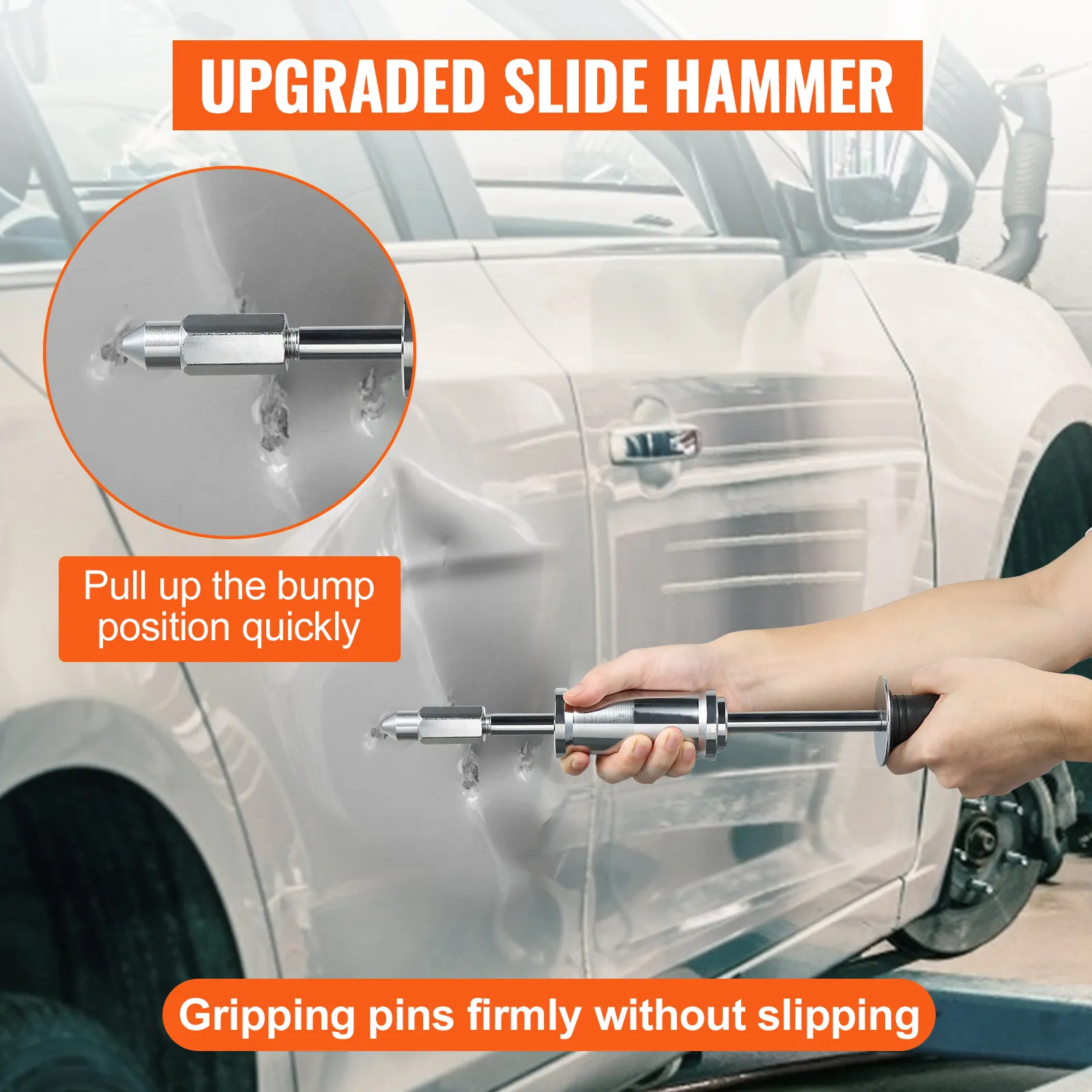 VEVOR dent repair kit in use, pulling a bump from a car door with upgraded slide hammer.