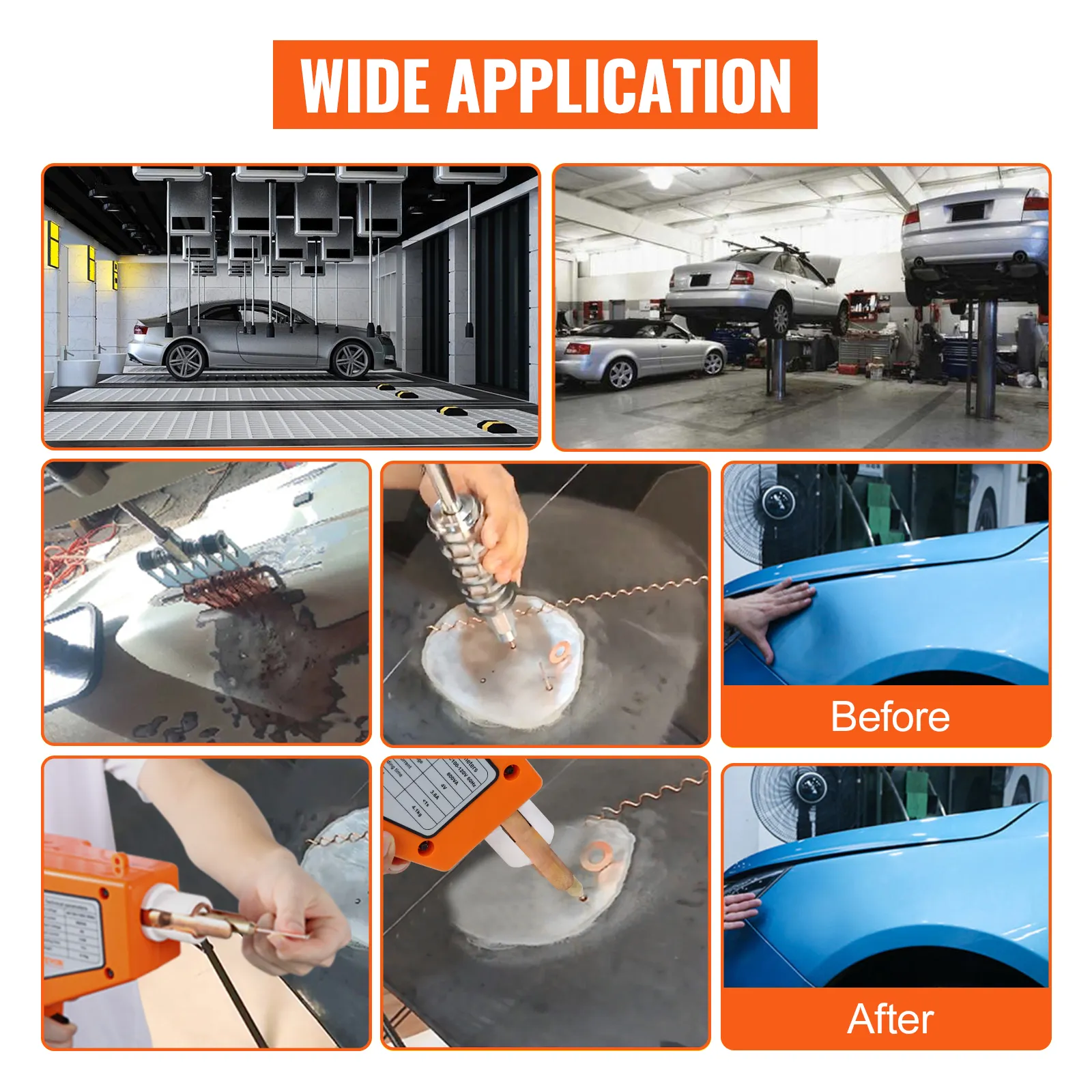 VEVOR dent repair kit: effective dent removal with wide application shown in six images.