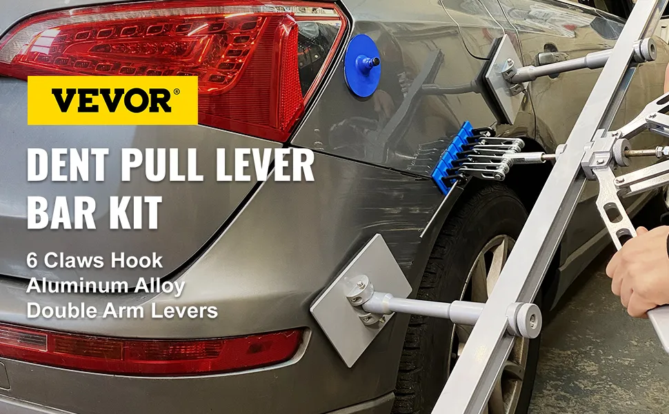 VEVOR dent pull lever bar kit in use on a car, showcasing hooks and aluminum levers.