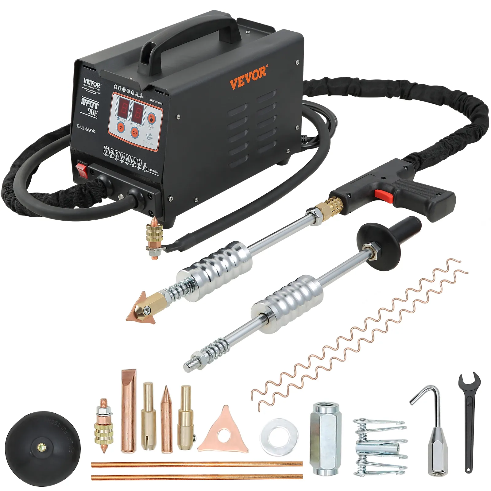 VEVOR panel spot puller with various accessories and tools against a white background.