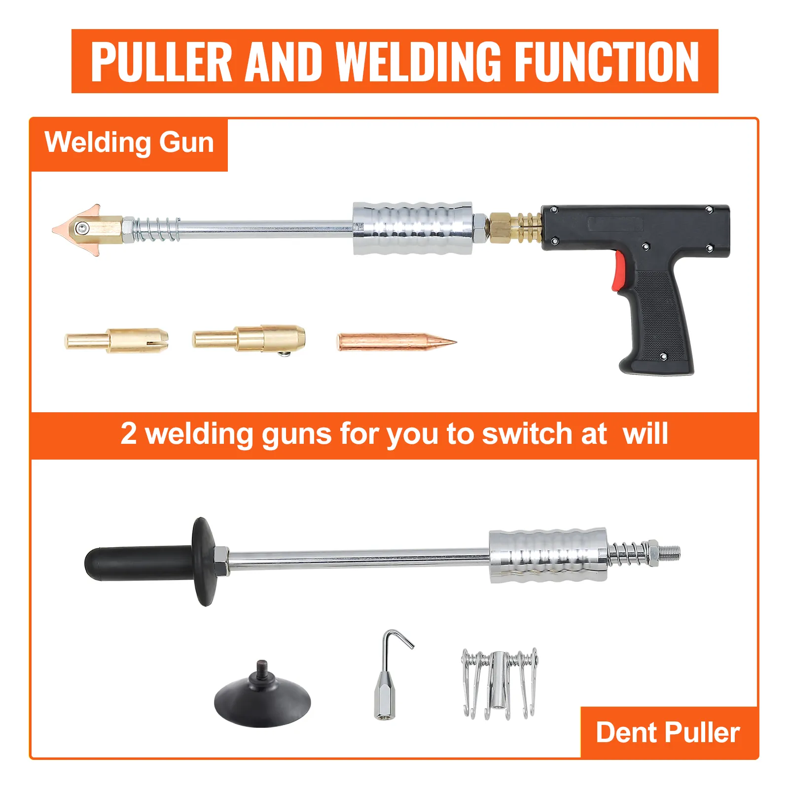 VEVOR panel spot puller with welding gun and dent puller accessories.