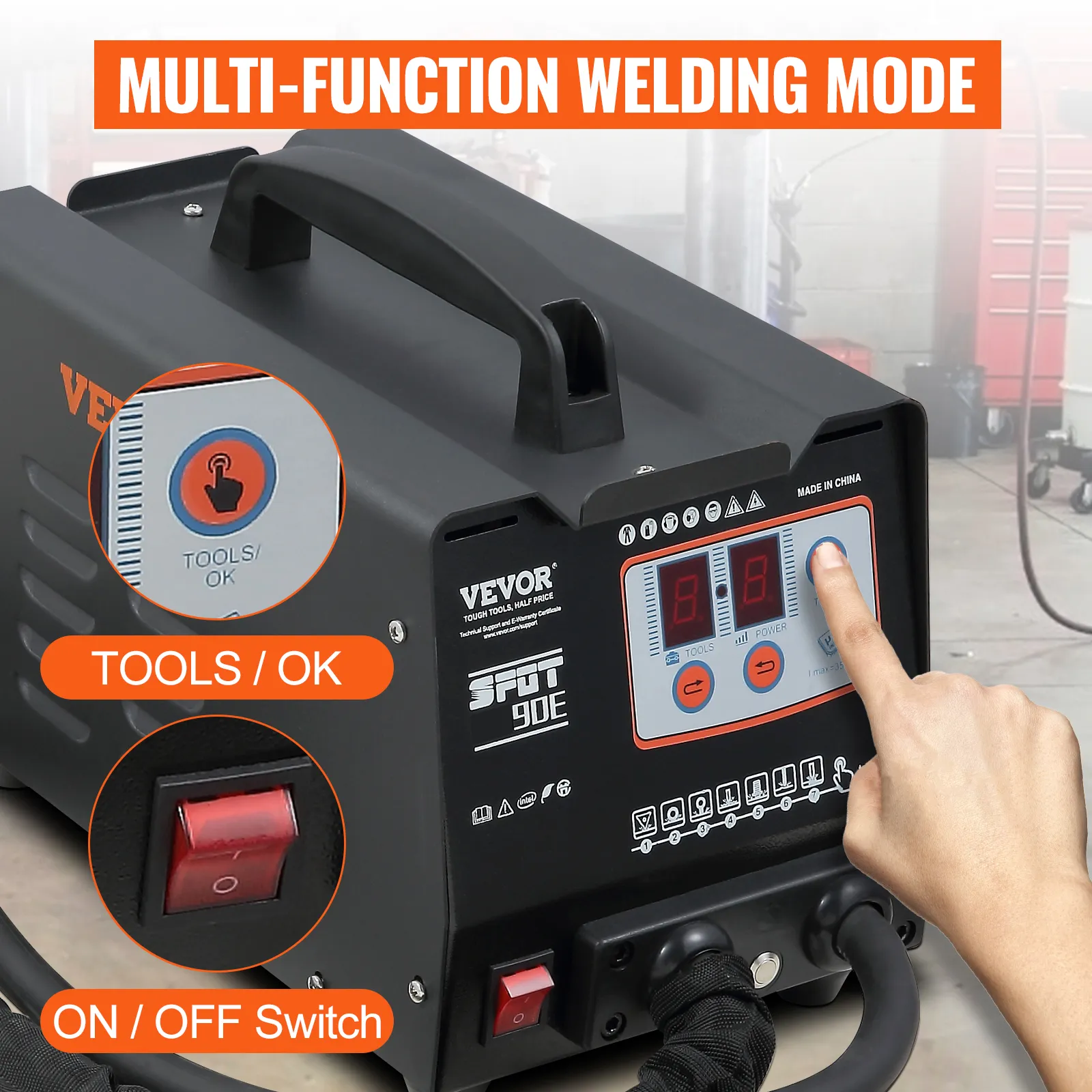 VEVOR panel spot puller with multi-function welding mode and user interface in a workshop.