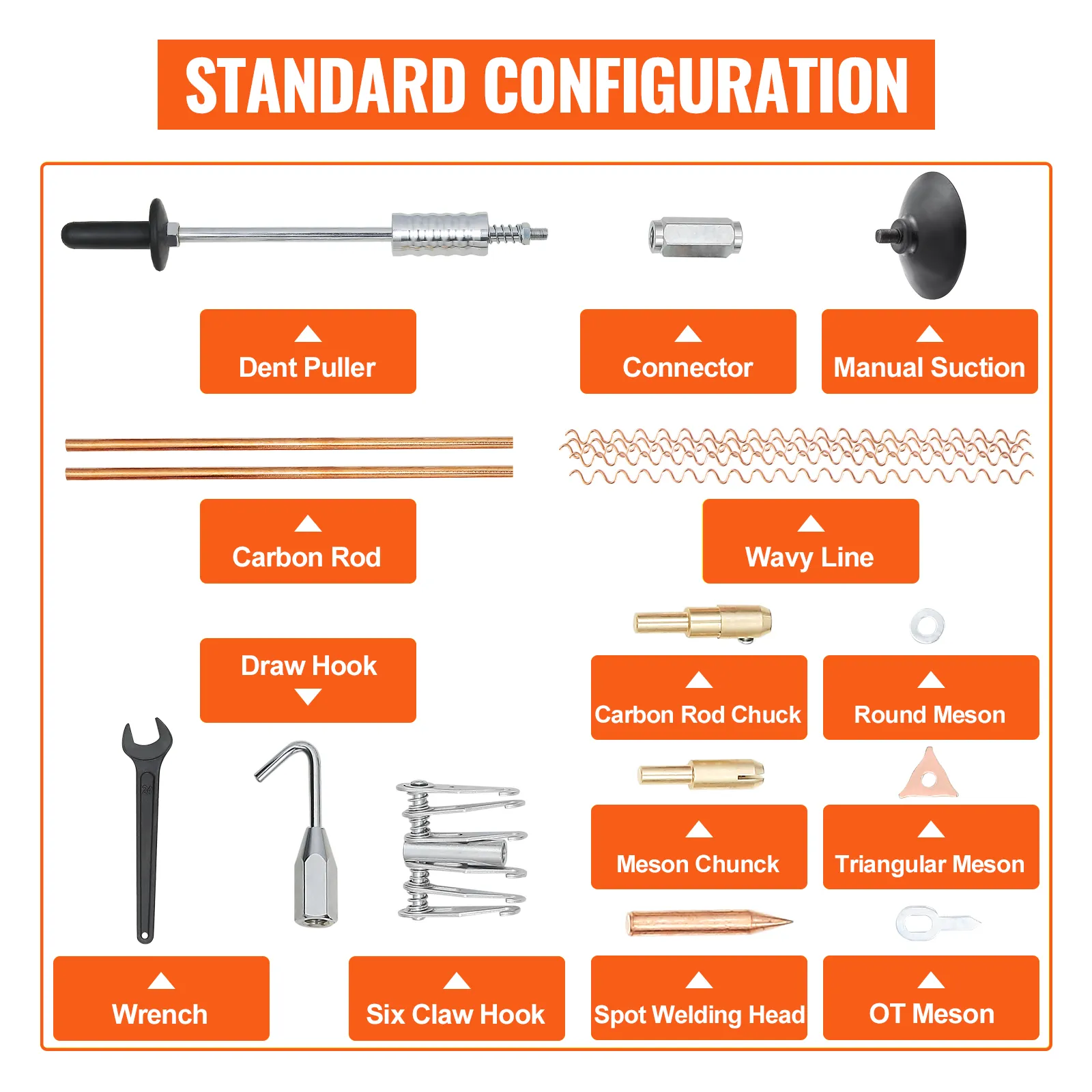 VEVOR panel spot puller: dent puller, wavy line, ot meson, connector, wrench.