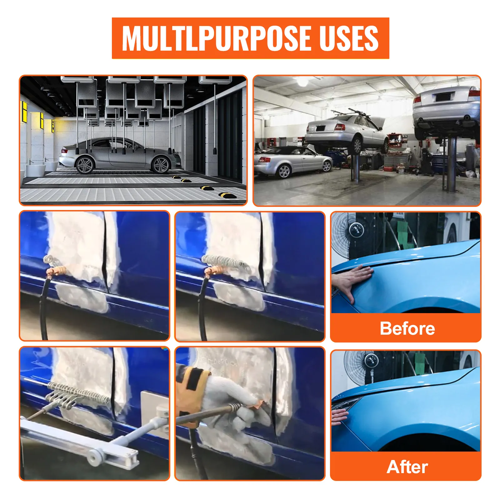 VEVOR panel spot puller for multiuse car body repairs; before and after restoration.