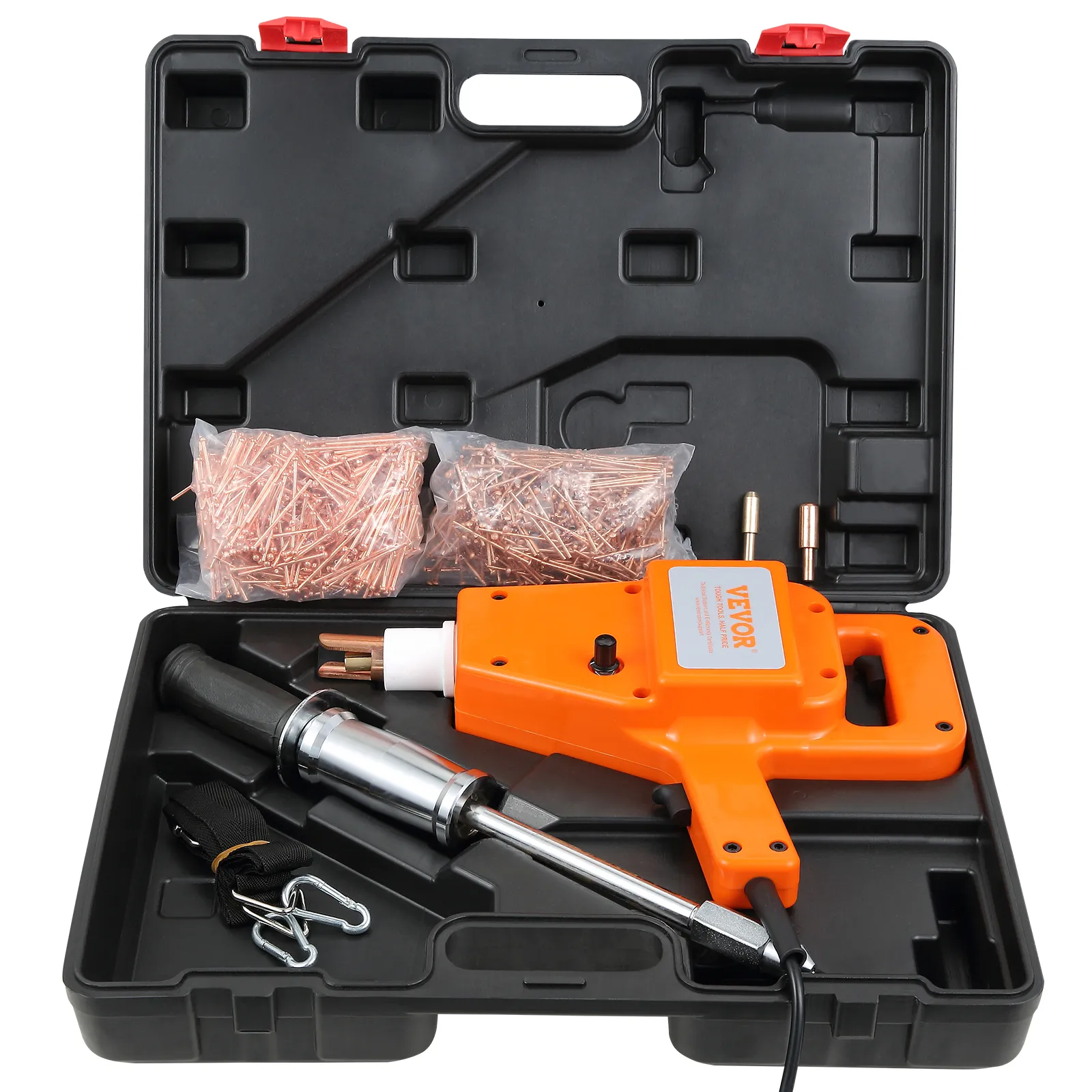 VEVOR stud welder kit with accessories in a black carrying case.