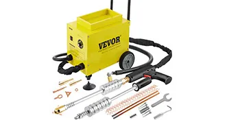 Extractor de abolladuras VEVOR amarillo con accesorios y kit de herramientas sobre fondo blanco.
