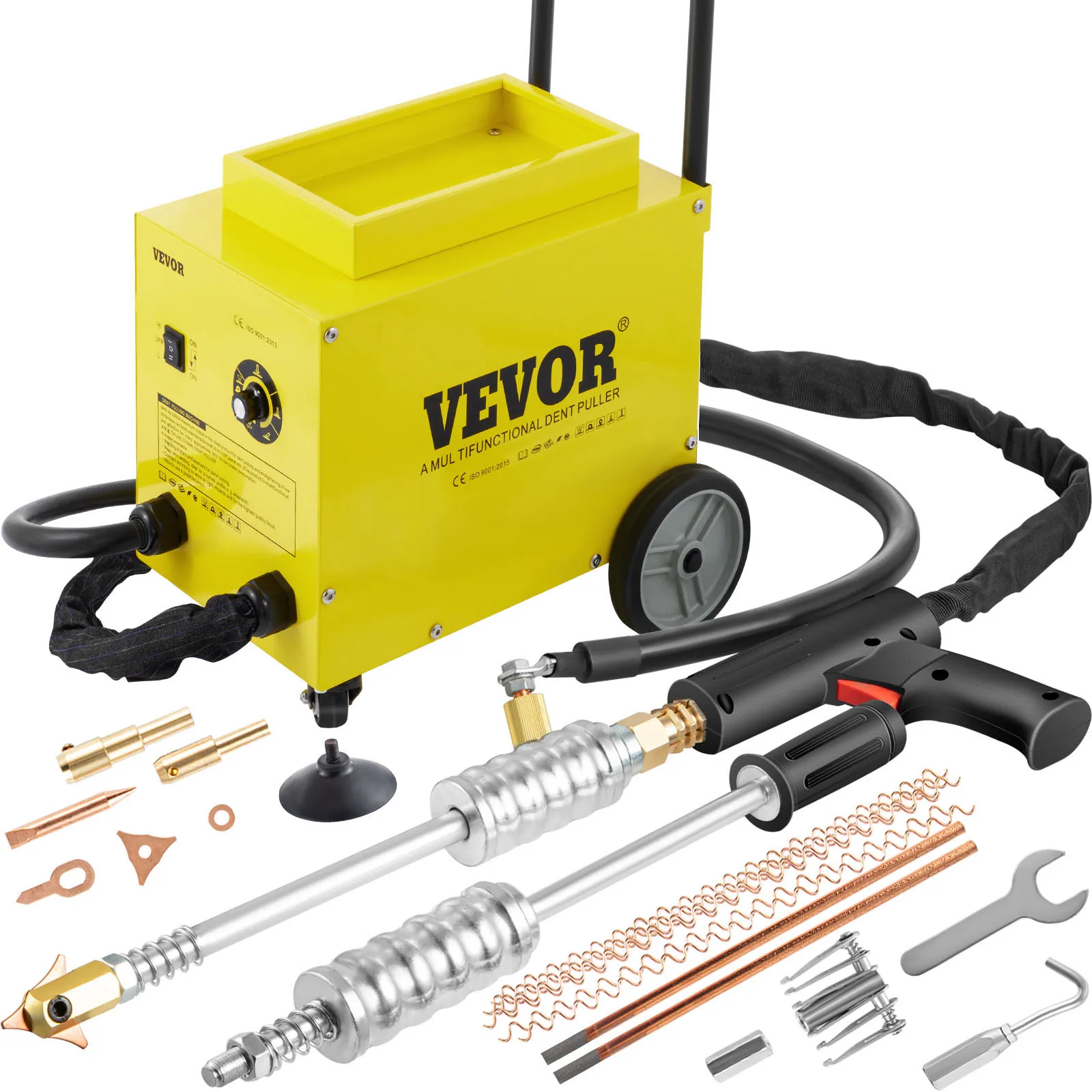 Extractor de abolladuras VEVOR con accesorios, que incluyen varillas de tracción y un juego de herramientas.