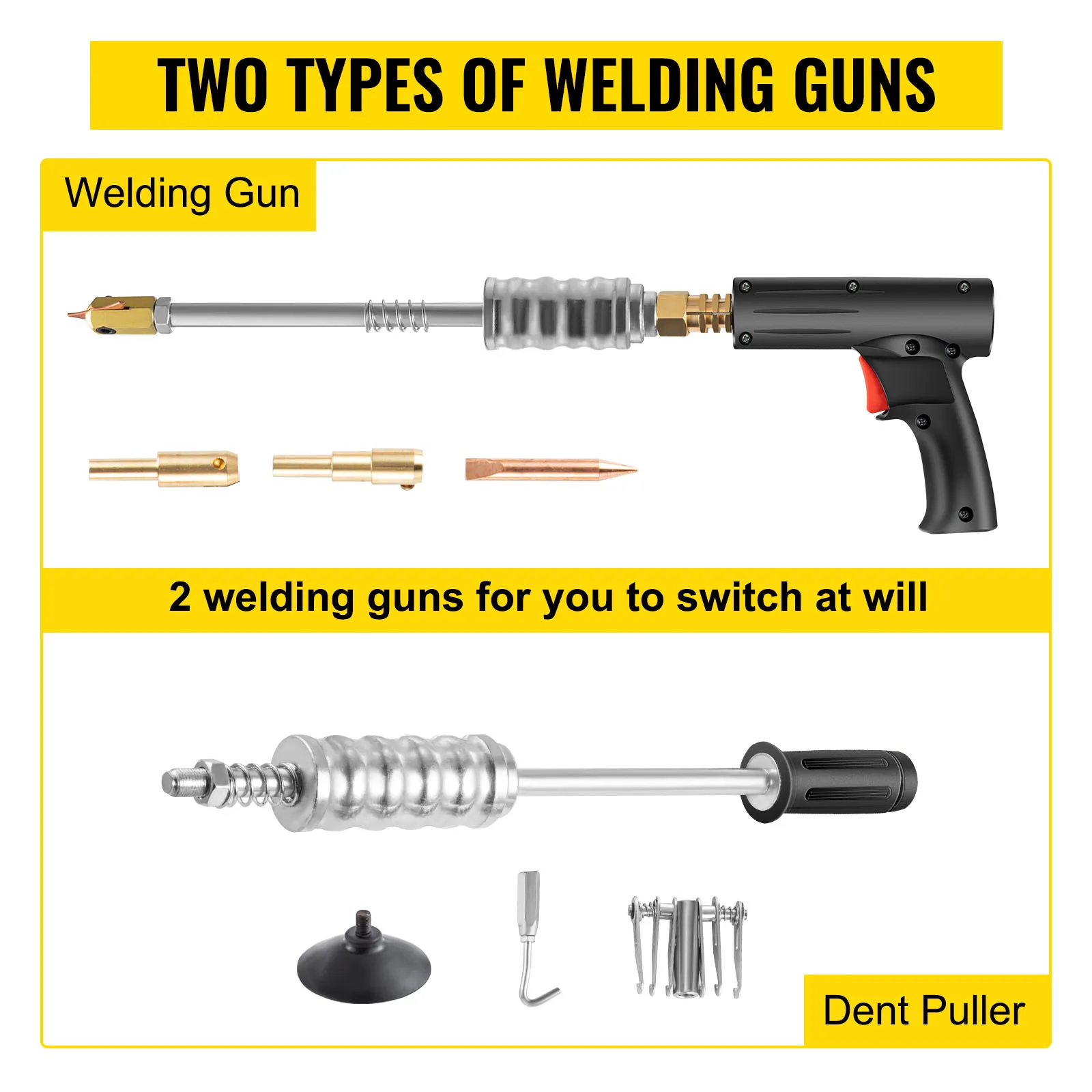 Dos tipos de pistolas de soldar de VEVOR con accesorios, incluido un extractor de abolladuras.
