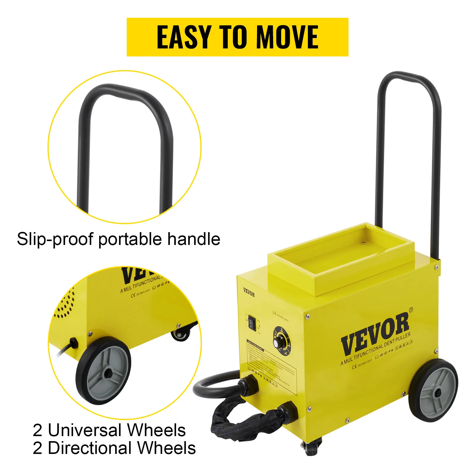 Mango antideslizante y ruedas universales para facilitar el transporte del extractor de abolladuras VEVOR.