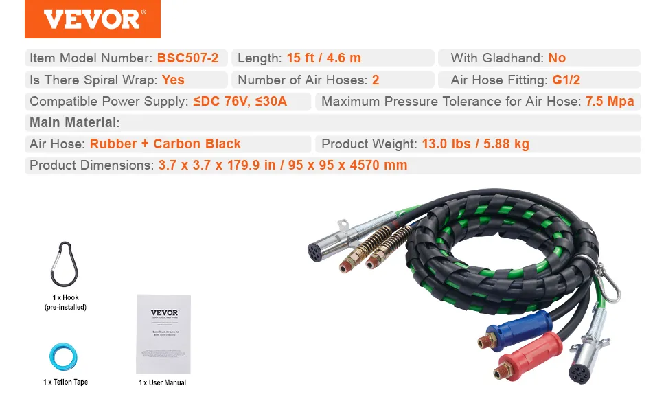 VEVOR semi truck air lines kit with 15ft hose, spiral wrap, and accessories like teflon tape and hook.