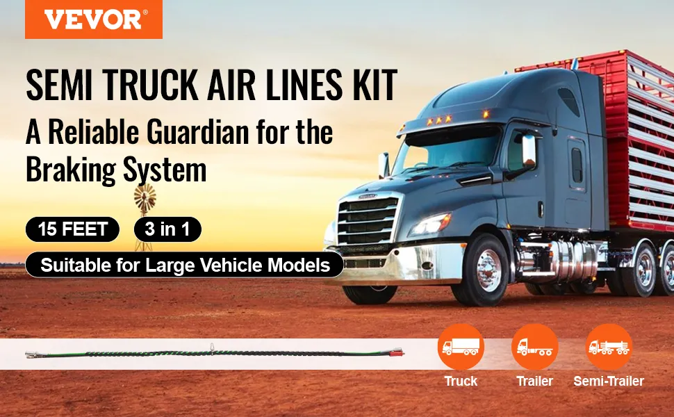 VEVOR semi truck air lines kit for reliable braking systems, 15 feet, 3 in 1, suitable for large vehicles.