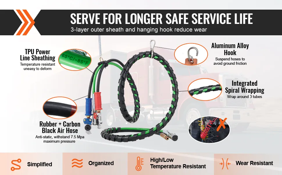 VEVOR semi truck air lines kit with tpu power line sheathing, aluminum hook, and integrated spiral wrapping.