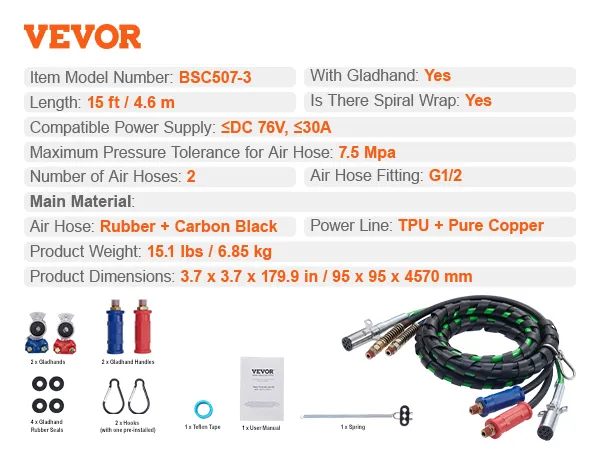 VEVOR semi truck air lines kit with 15ft air hose, 2 gladhands, and accessories for easy installation.