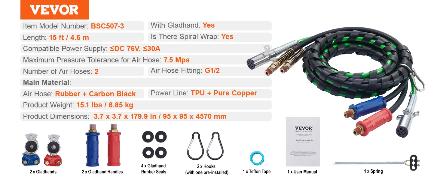 VEVOR semi truck air lines kit with 15ft air hose, 2 gladhands, and accessories for easy installation.