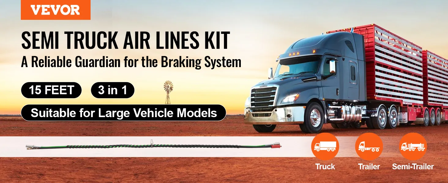 VEVOR semi truck air lines kit, 15 feet, 3 in 1, suitable for large vehicle models, reliable braking.