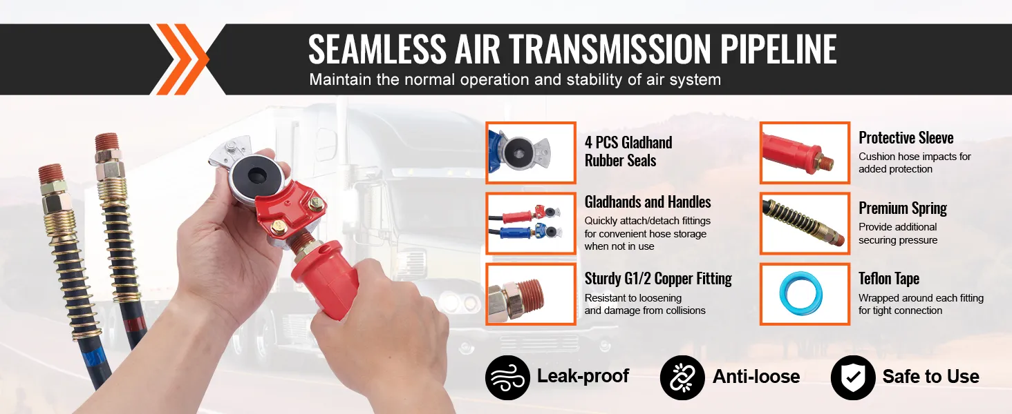 VEVOR semi truck air lines kit with g1/2 copper fitting, gladhands, rubber seals, and protective sleeve.