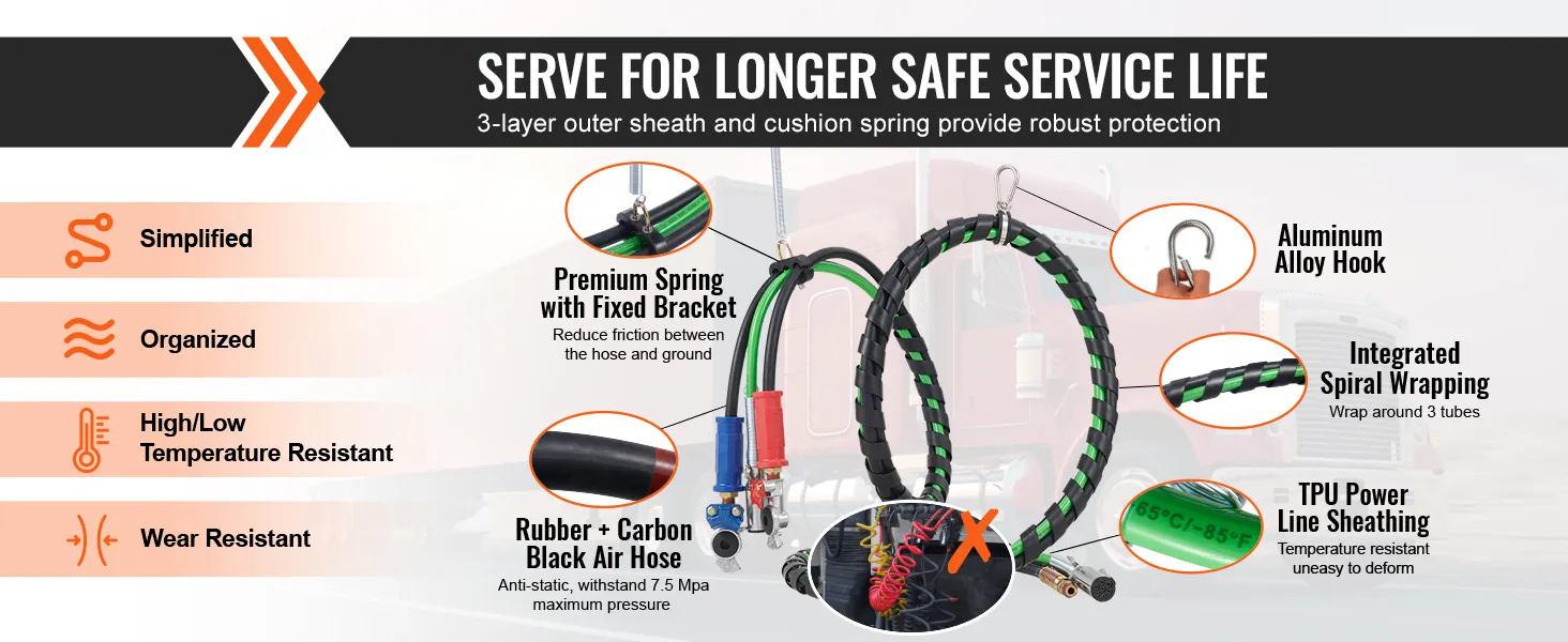 VEVOR semi truck air lines kit features durable air hoses, alloy hooks, and temperature-resistant sheathing.