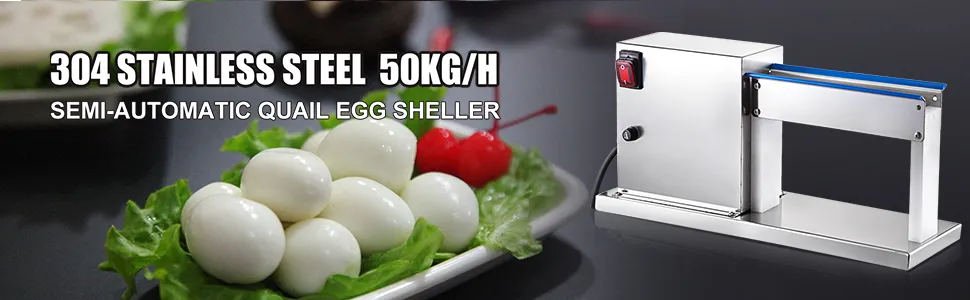 Pelador de huevos de codorniz eléctrico VEVOR sobre una mesa junto a huevos de codorniz pelados sobre lechuga.