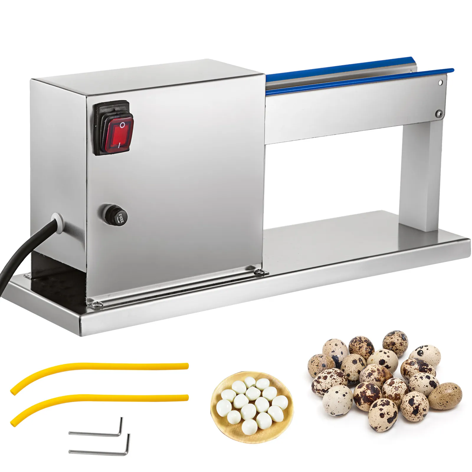 Pelador de huevos de codorniz eléctrico VEVOR con huevos de codorniz, huevos pelados y accesorios.