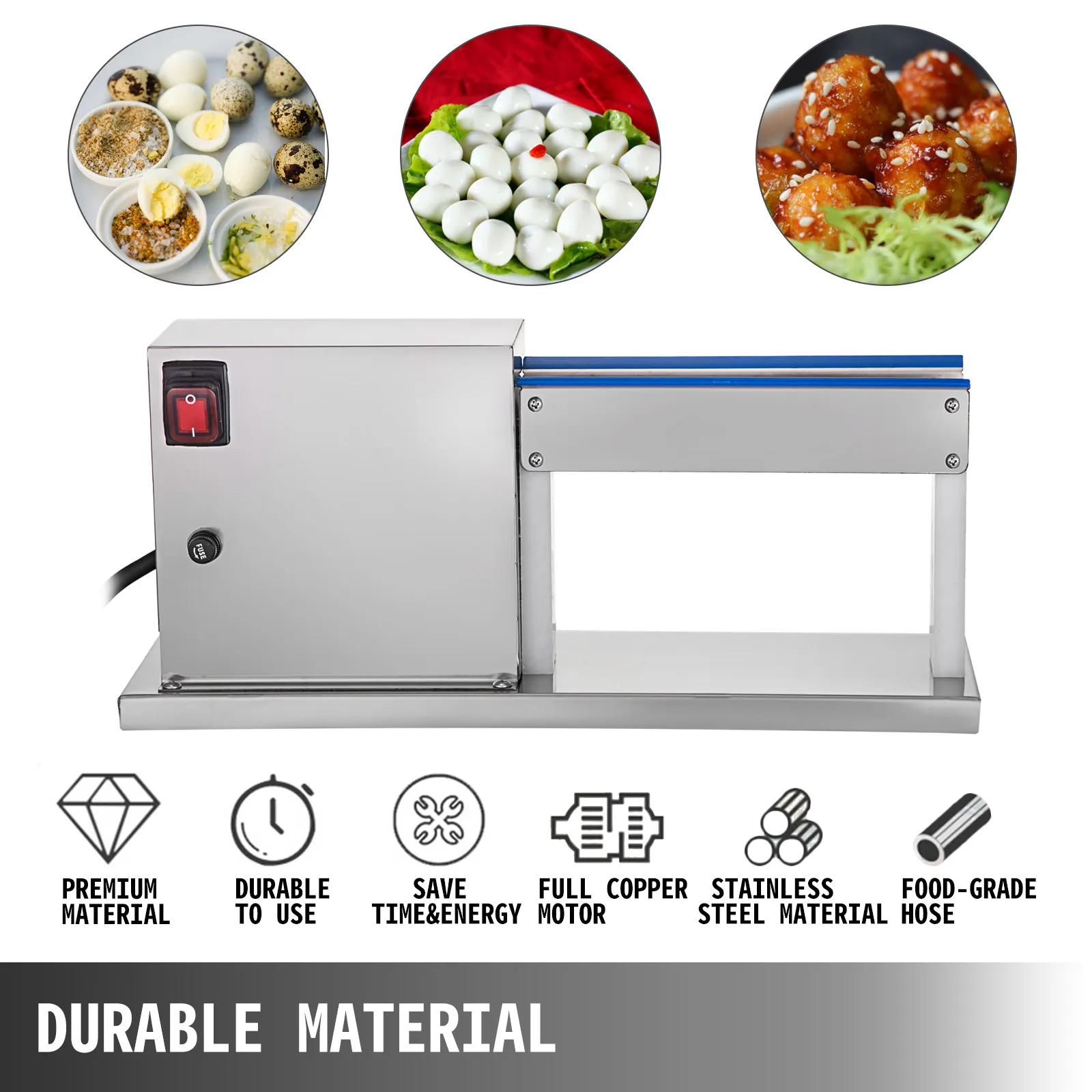 Máquina peladora de huevos de codorniz eléctrica VEVOR con diversas preparaciones de alimentos y características clave.