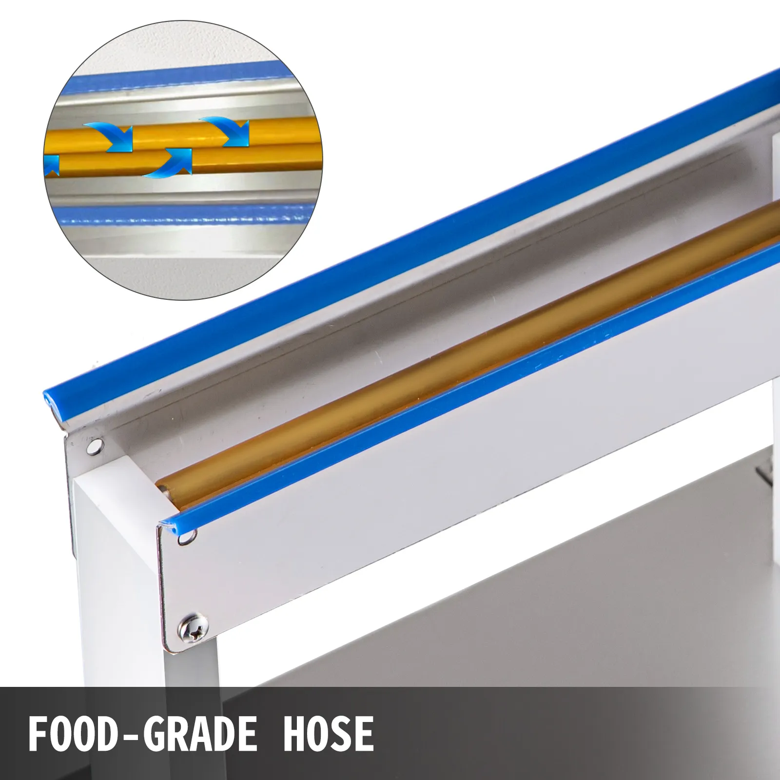 Manguera de grado alimenticio en pelador de huevos de codorniz eléctrico VEVOR, resaltada con detalles azules.