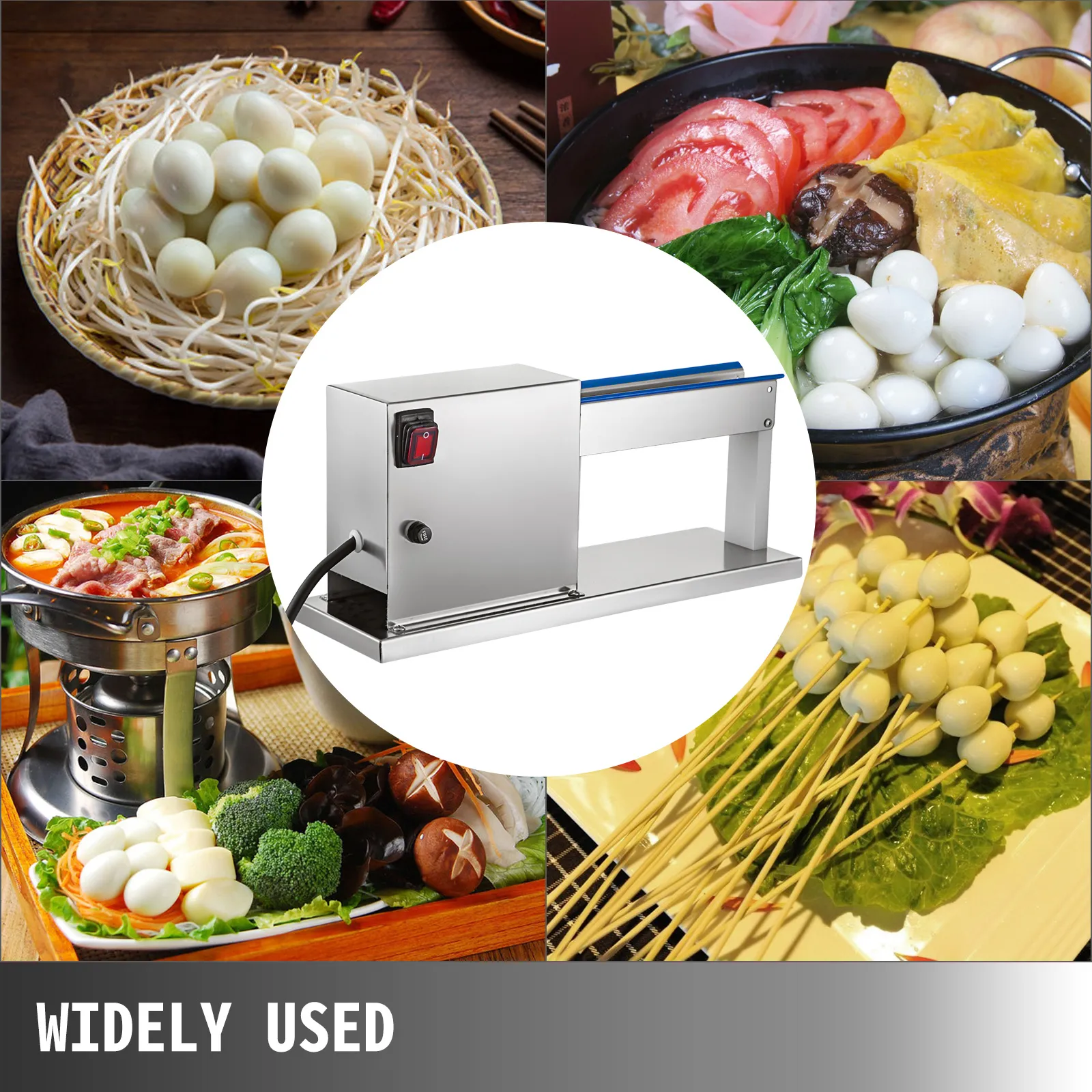 Pelador de huevos de codorniz eléctrico VEVOR que muestra varios platos y huevos de codorniz pelados. ampliamente utilizado.