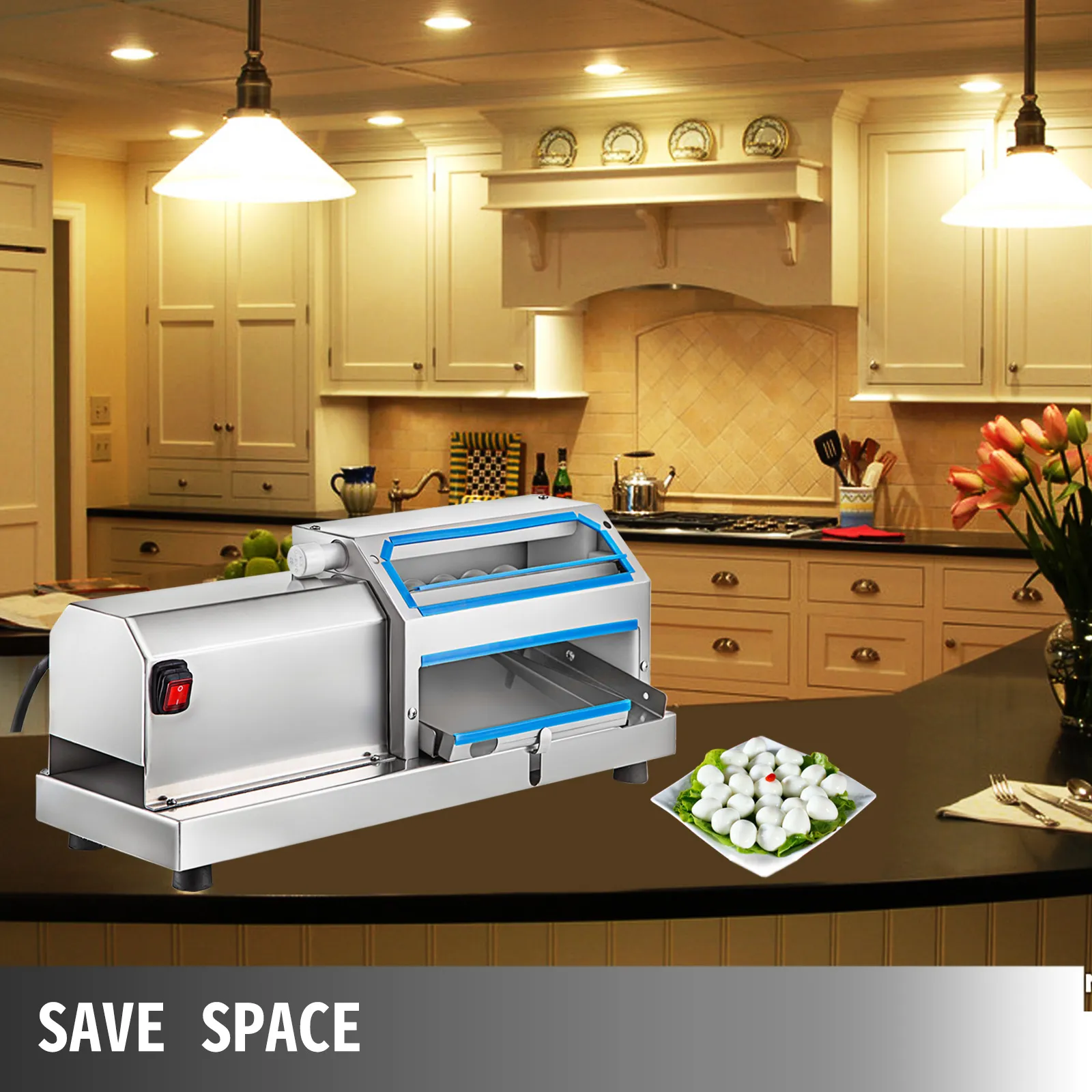 VEVOR-Wachteleierschälmaschine auf einer modernen Küchentheke mit weißen Schränken.