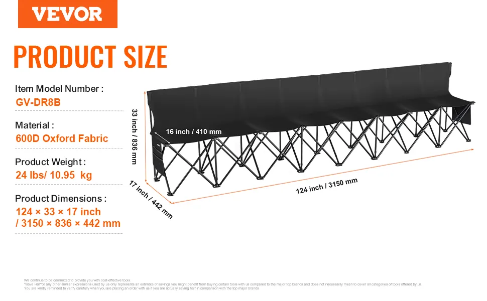 VEVOR folding sport bench in black, 8-seater, 600d oxford fabric, 124x33x17 inches, 24 lbs weight.
