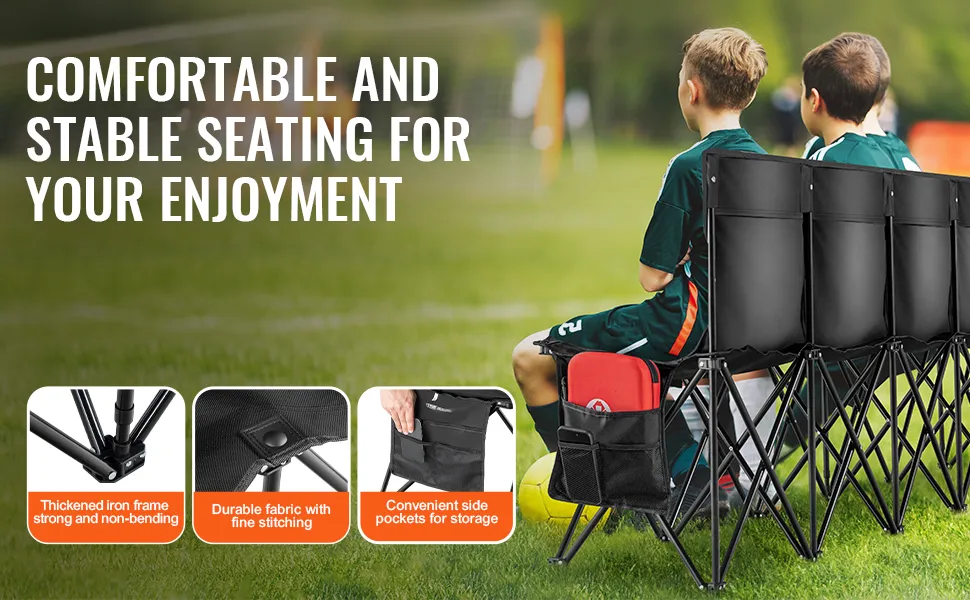 VEVOR folding sport bench at a soccer field with durable fabric, iron frame, and side pockets for storage.