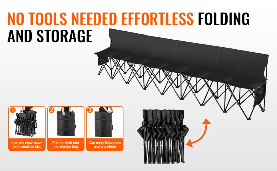 VEVOR folding sport bench with effortless folding and storage, highlighted with easy steps for compact use.