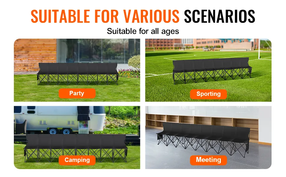 VEVOR folding sport bench displayed in various scenarios: party, sporting, camping, and meeting. suitable for all ages.